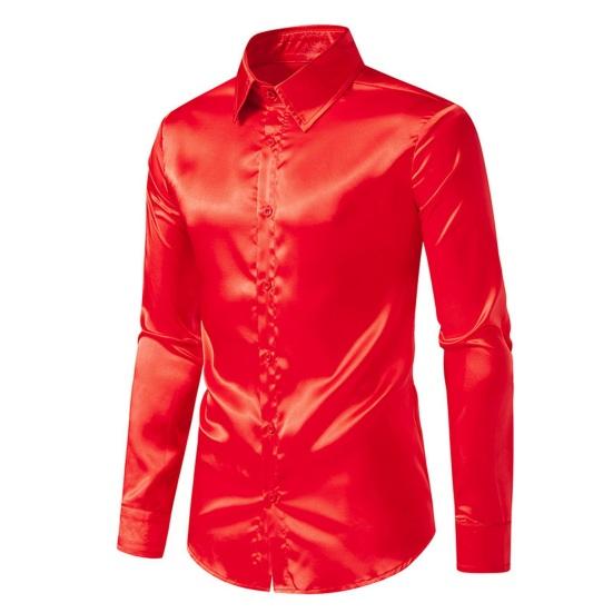 Men Shirt Lapel Long Sleeve Single Breasted Shirt Tops Pure Color Glossy Design Smooth Satin Shirt Versatile Daily Wear
