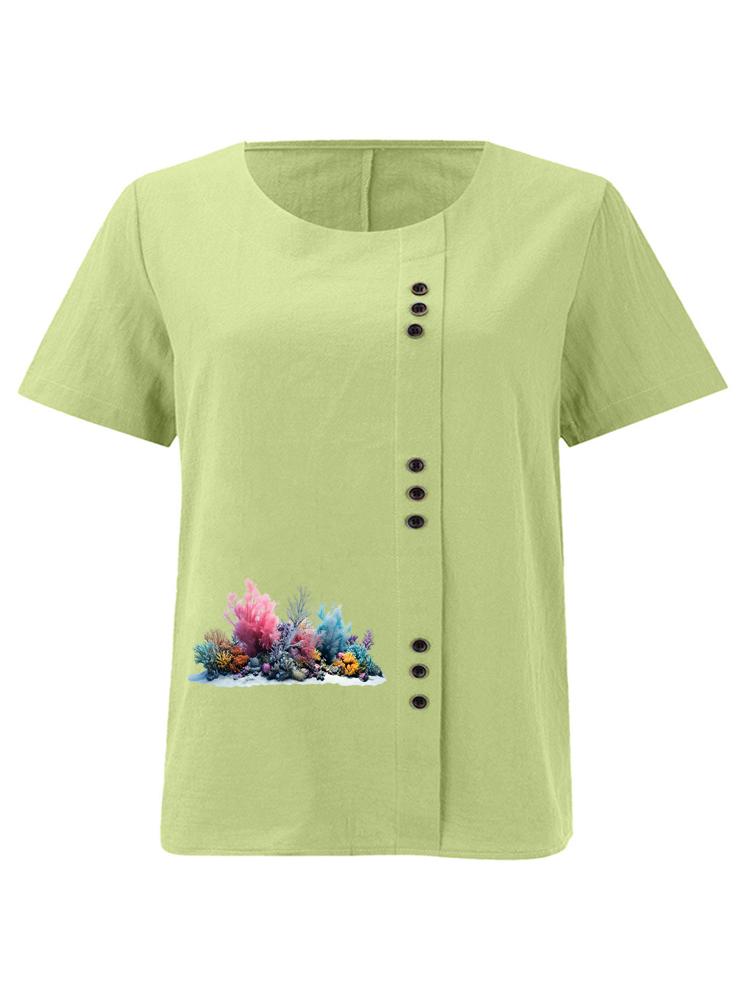 

Women s Fashion Coral Print Shot Sleeve T-shirt Loose Cotton Shirt Casual Loose Summer Blouse Tops Plus Size 5XL