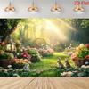 2D Easter Bunny Polyester Backdrop, Spring Garden Forest Background for Easter Party Decor