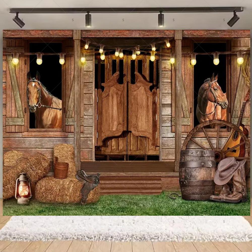Western Cowboy Photography Backdrop Rustic Farm Barn Haystack Wood House Horse Wheel Background Party Decor Photo Shoot Props