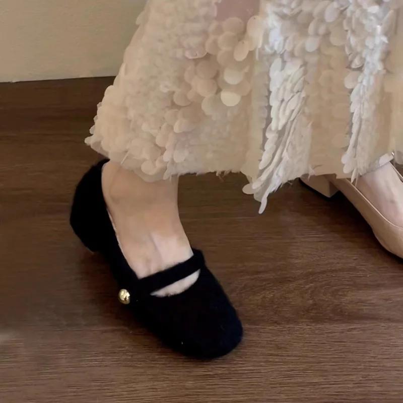 Fashion New Style Elegant Buckle Strap Fur Mary Jane Shoes Woman Cosy Soft Fluffy Ballet Flat Ladies Plush Shallow Loafers Concise Dress