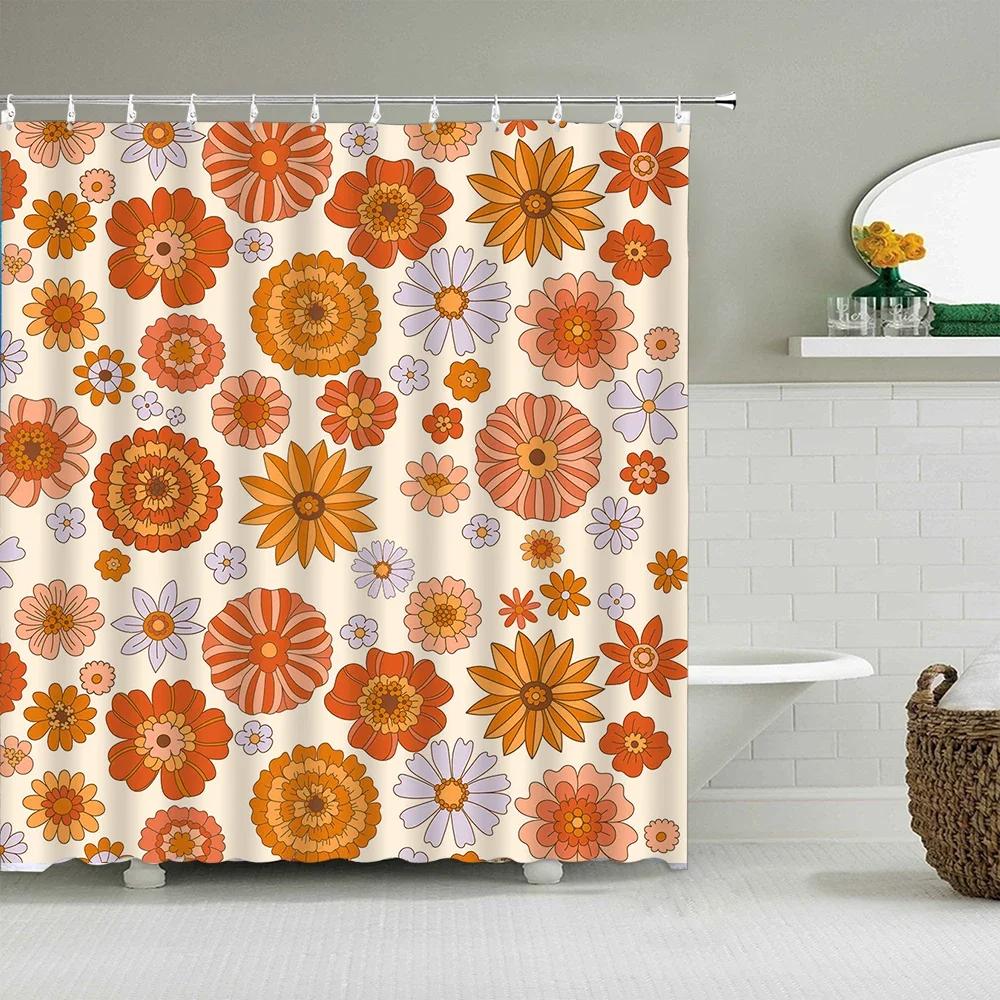

Vintage Rainbow Floral Shower Curtain 70s Colorful Stripe Fun Elegant Bohemian Abstract Style Bathroom Decoration Shower Curtain 90x180CM