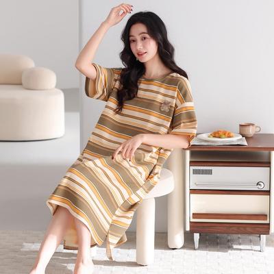 **Women's Striped Short Sleeve Mid-Length Cotton Nightgown - Summer Casual Pajama & Outdoor Wear**