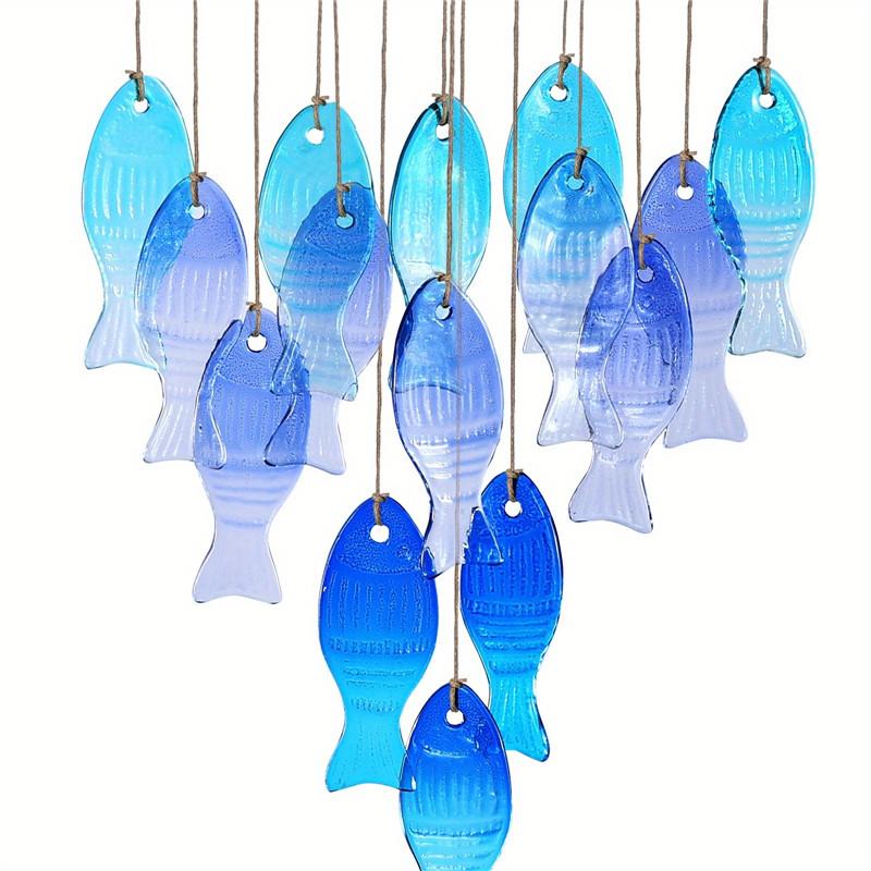 Handmade Blue Glass Fish Wind Chime Large Outdoor/Indoor Hanging Decor