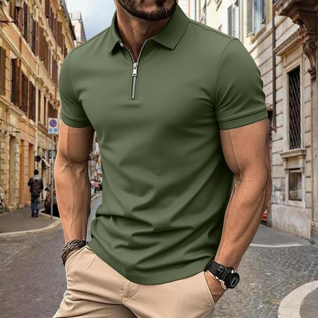 Herren Sommer Kurzarm Poloshirt mit Reißverschluss vorne Lässig Umlegekragen Leicht Atmungsaktives Oberteil