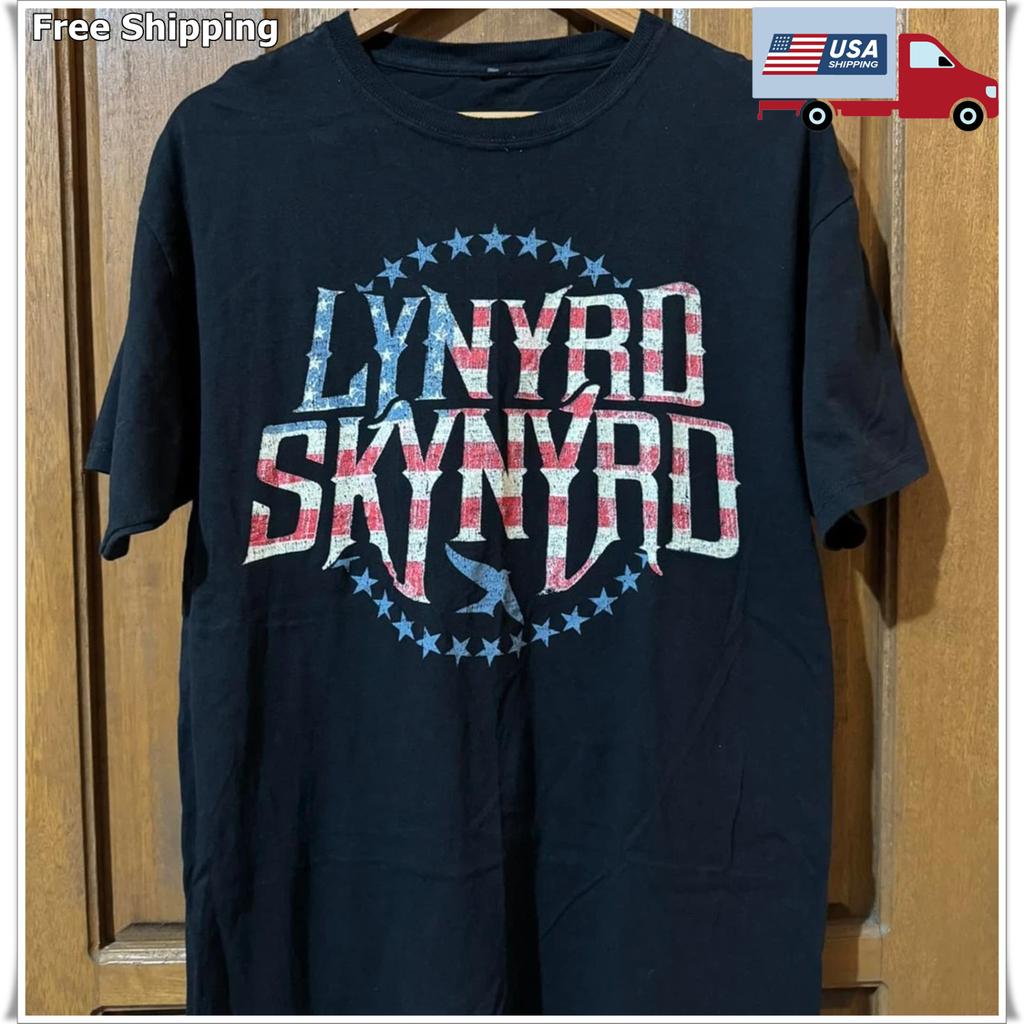 Rare Lynyrd Skynyrd American Flag Logo Unisex Black T-shirt, Size S-5XL