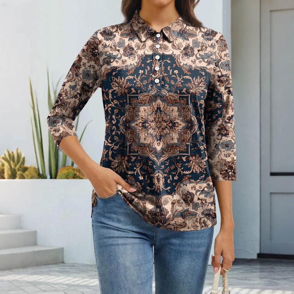 Women's Fashion Casual Lapel Short 3/4 Sleeve Print Shirt Women's Button Up Tops
