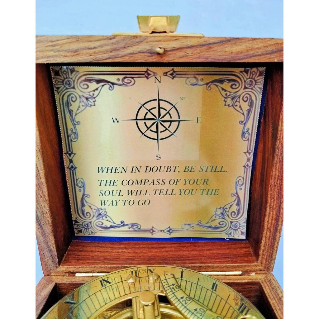 India Brass Sundial Compass With Wood box collectible gift Compass  (Gold, Brown)