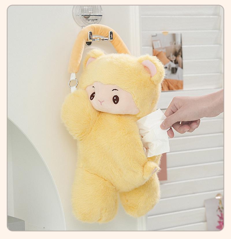 Plush Monkey Car Tissue Holder: Cute Cartoon Doll Pull-Out Tissue Box for Interior.