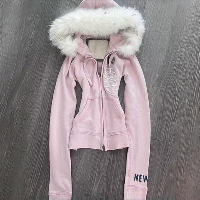 2KWEIRD Women Vintage Hooded Letter Printed Pockets Zipper Furry Patchwork Sexy Y2k Aesthetic Harajuku Coats Female