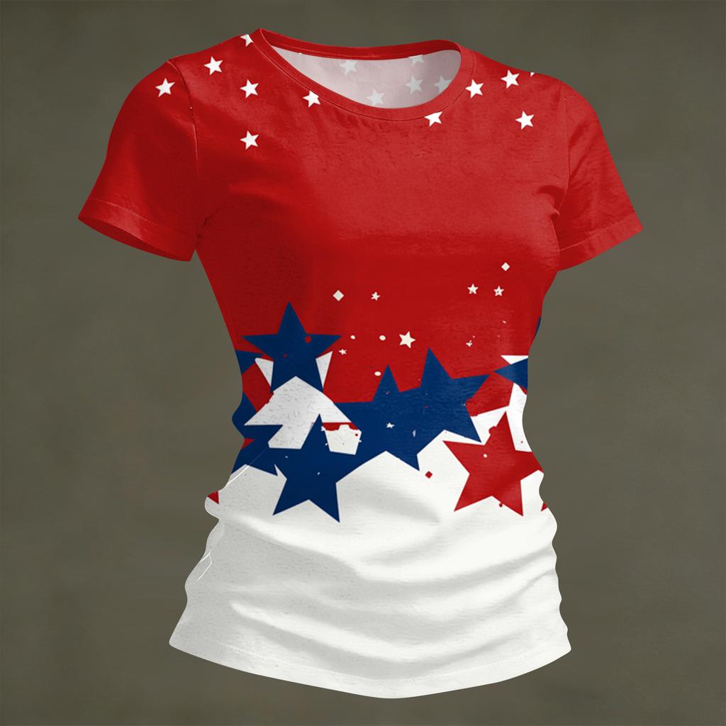 Women's Fashion Round Neck Independence Day Print Short Sleeve Loose Crewneck T-Shirt Top
