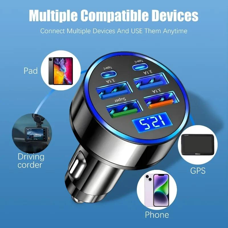 6 In 1 Car Charger Adapter Digital Display LED 4USB+2PD DC12-24V Fast Charging Cigarette Lighter Socket Multi Port for Phone
