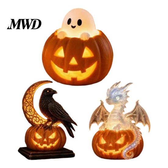 Halloween Party Tischdekoration Kürbis Drachen Statue, LED Leuchtende Harzfigur Beleuchtete Schreibtisch Nachtlampe mit Warmem Licht, Gruselige Fantasy Schreibtisch