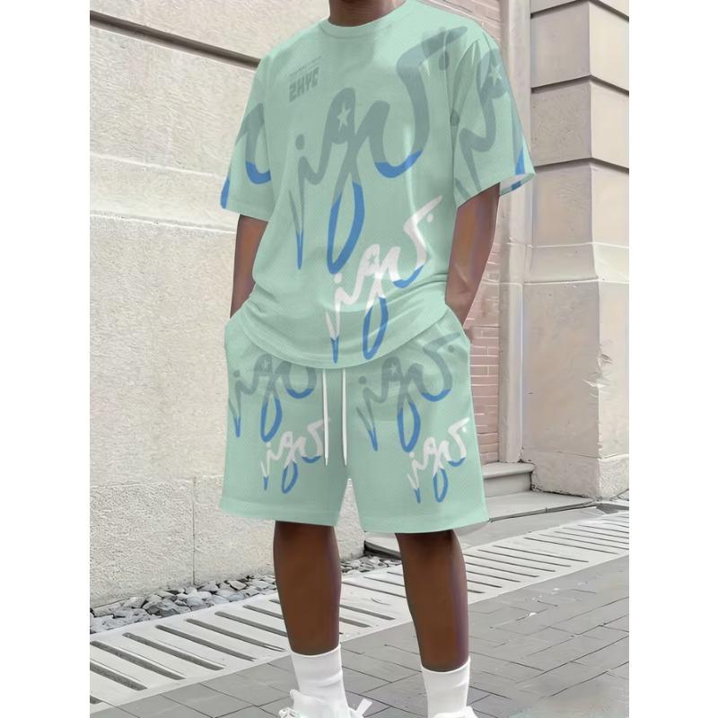 Urban Street Fashion Trend Men's Round Neck Short Sleeved Shorts Set, Outdoor Simple Casual and Comfortable