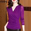 Women's Fashion Casual Spring Autumn Solid Color Print Long Sleeve V-Neck Blouses & Shirts