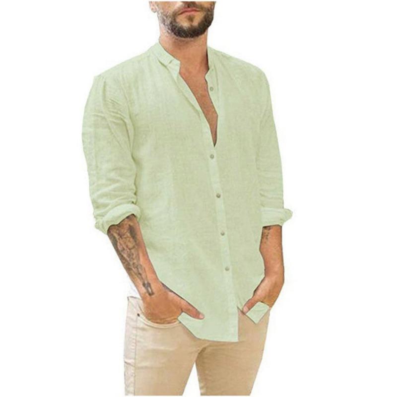 European and American Men's Linen Cardigan Solid Color Casual Stand-up Collar Long-sleeved Shirt