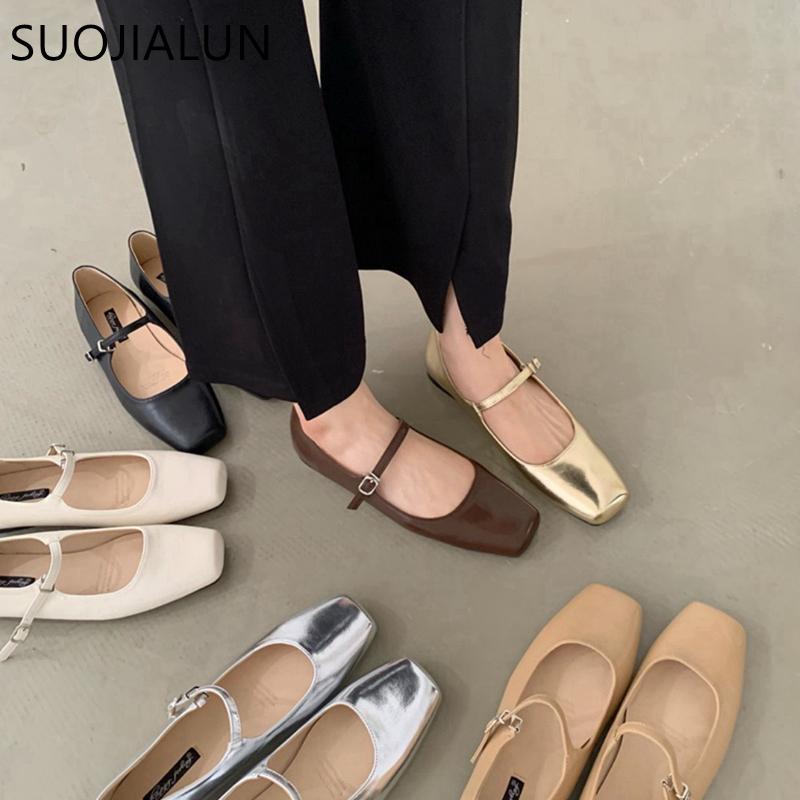 Fashion SUOJIALUN Spring New Women Flat Shoes Fashion Gold Ladies Soft Flat Heel Mary Jane Shoes Casual Outdoor Dress Ballerinas Shoes