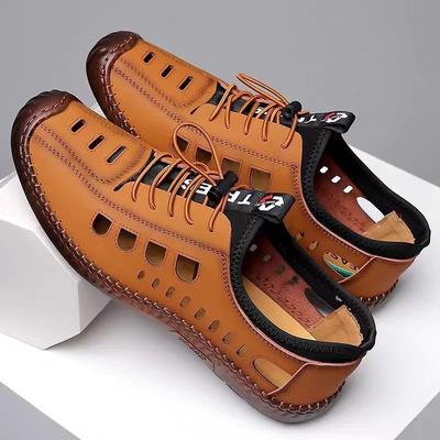 New Men's Sandals Breathable Hollow Hole Shoes Beef Tendon Sole Soft Sole Casual Men's Cool Leather Shoes One Pedal