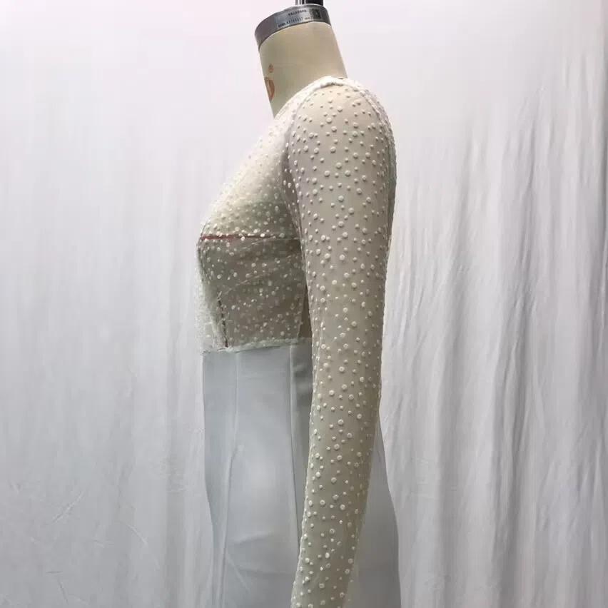 2025 Summer Autumn Women's Sheer Mesh Wedding Dress, Sexy V-Neck Long Sleeve Gown With High Slit, White See-Through Bridal Dress For Formal Events