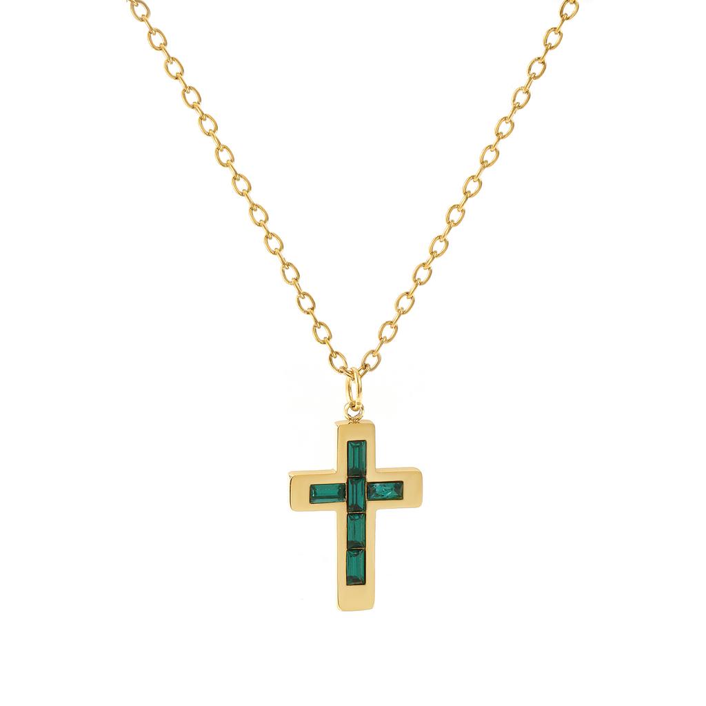 304 Stainless Steel Religious Necklace 18K Gold Plated Link Cable Chain Cross Pendant Necklace 45cm+ 5cm For Women Birthstone