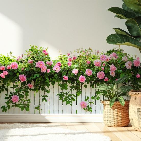 Spring Pink Flowers Fence Wall Decal Removable Floral Wall Art Murals Peel And Stick