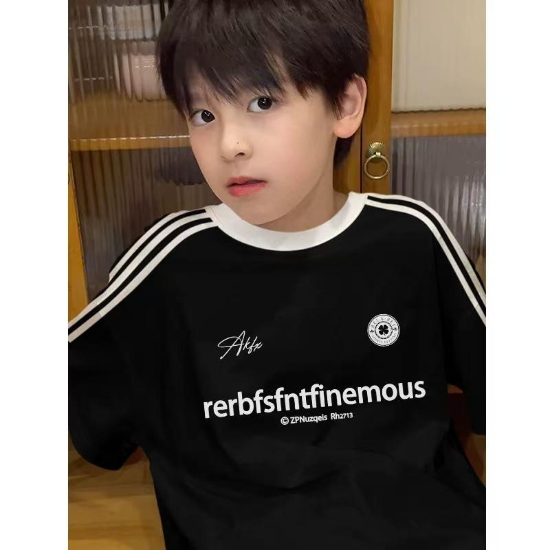 Stylish Boys' Letter Print Cotton T-Shirt, New Summer Style with Three Stripes.