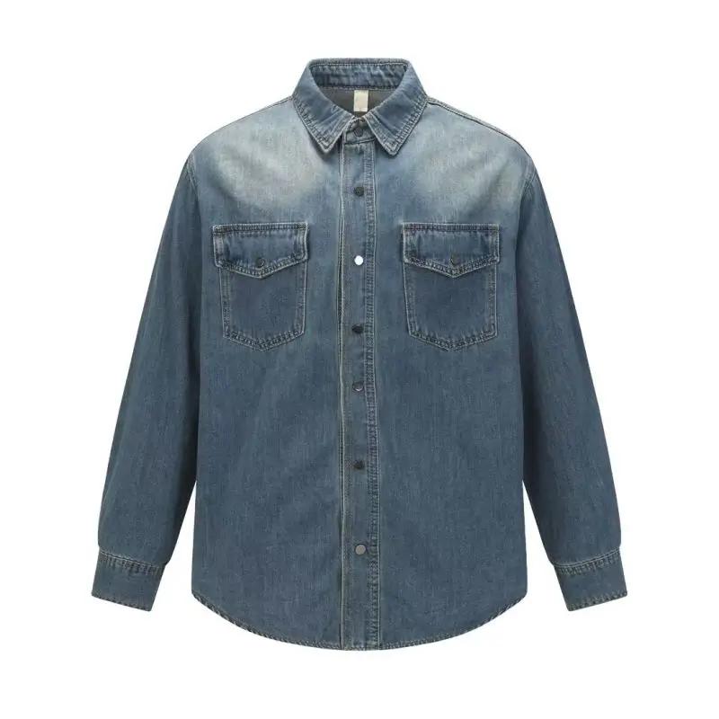 

Мужская осенняя ретро джинсовая рубашка карго, мужская модная выстиранная повседневная блузка с несколькими карманами, мужская винтажная джинсовая рубашка с длинным рукавом и толстого денима M синий