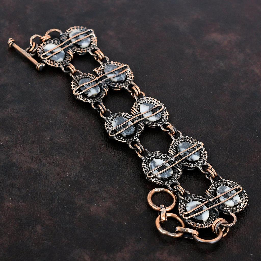 Weißes Büffeltürkis Armband, Kupferdraht umwickeltes Armband, verstellbares Kettenarmband, handgemachter Kupferschmuck, Original Edelsteinarmband