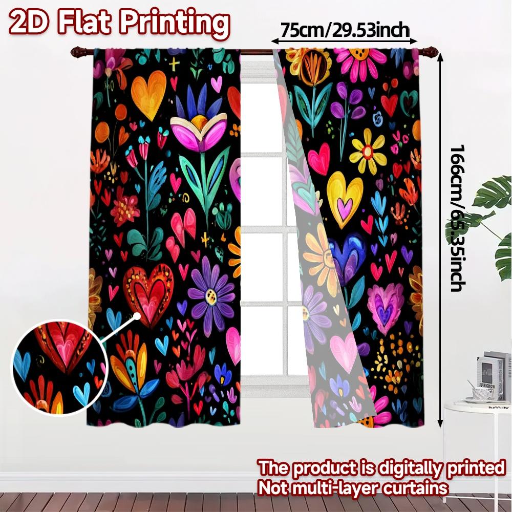 2pcs   2D FLAT PRINTING Curtains (Without Rod) Vibrant Blossoms Popular Light Filtering Curtains Machine Washable Fabric Curtains