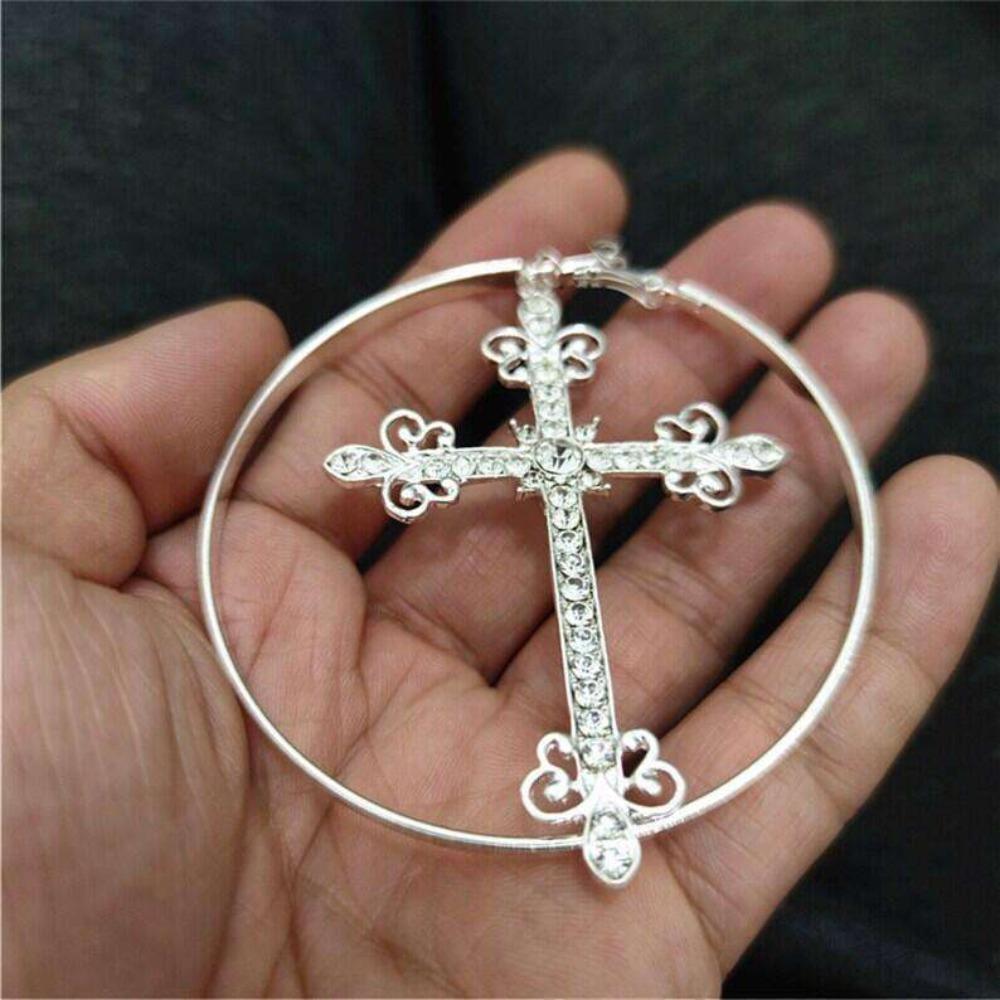 Orecchini a Cerchio Punk Y2k Geometrici Cerchio Brillante Strass Croce per Donne Gioiello Accessorio Personalità Esagerata