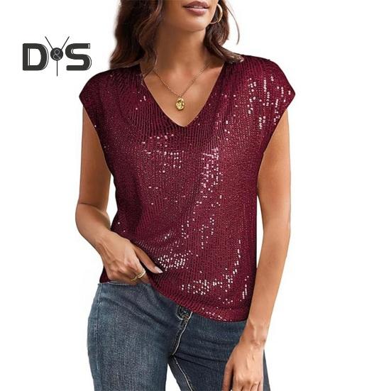Women Vest Sparkling Sequin Tank Top V Neck Short Sleeve Elastic Party Tops Summer Loose Fit Vest Daily Wear