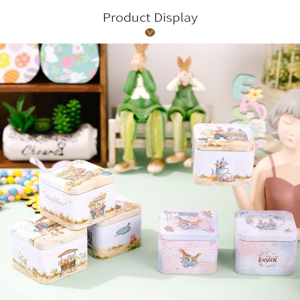 Iron Material Easter Gifts Box Square Shape Rabbit Tin Storage Box  Candy Storage