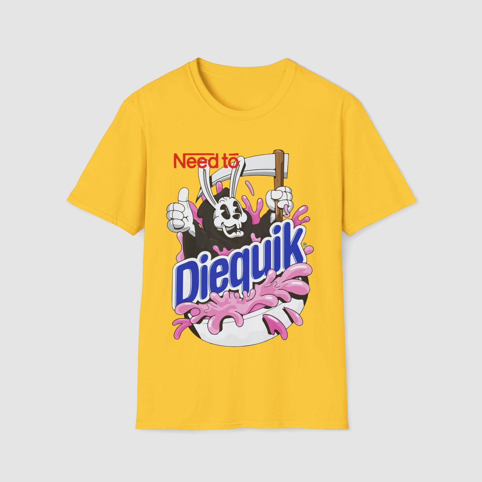 Need to Diequik T-Shirt | Grim Reaper Cartoon, Pink Splash Retro 3XL