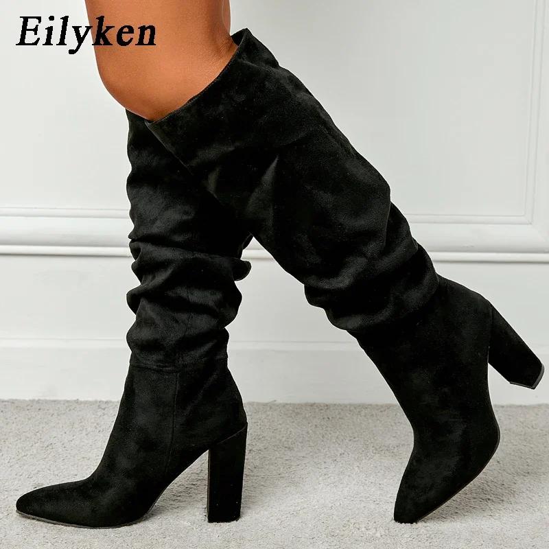 Fashion Eilyken Fashion Women High Heel Boots Designer Chunky Heel Shoes Long Boots the Knee Pleated Botas Mujer