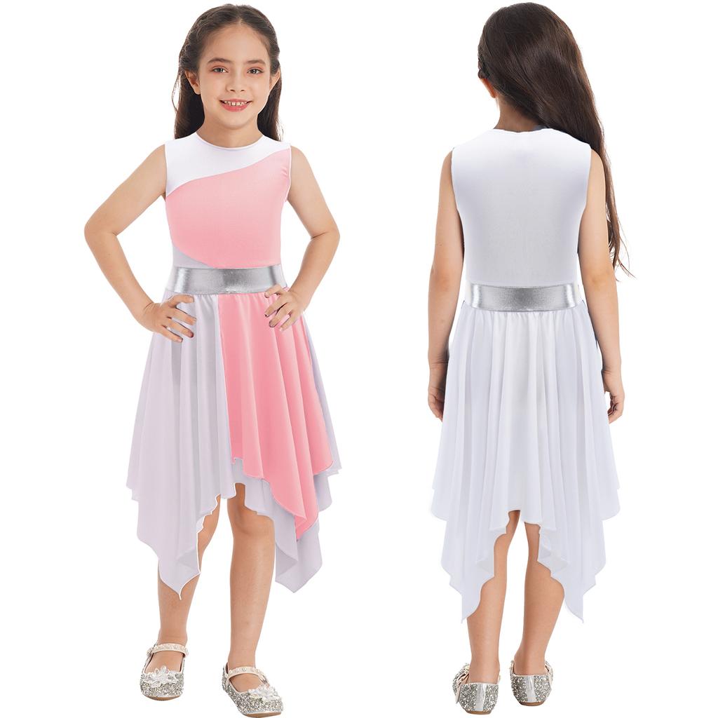 Kids Girls Sleeveless Lyrical Dance Costumes Contrast Color Asymmetrical Figure Skating Ballet Dress