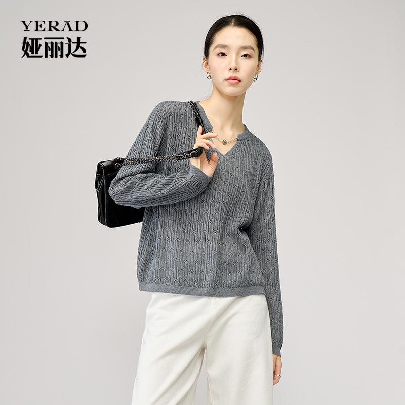 High end hollow V-neck wool knitted sweater for women with loose temperament casual wear