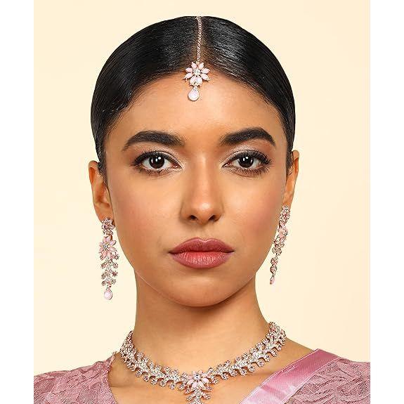 Diamond Necklace Jewellery Set for Women with Earrings and Maang Tikka for Wedding, Party, Engagements & Festivals