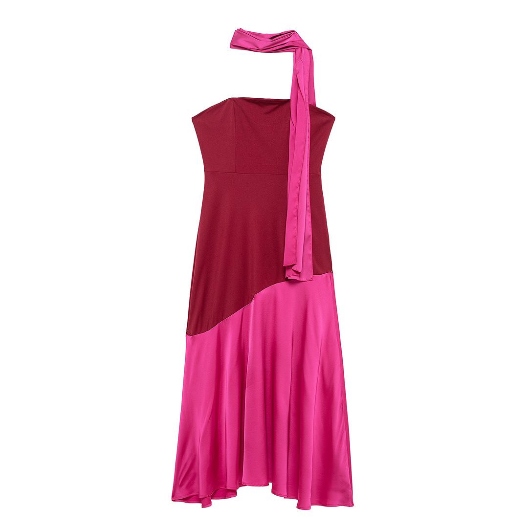 

Весна 2025 Женское платье в европейском и американском стиле, двухцветное лоскутное, со шарфом Small