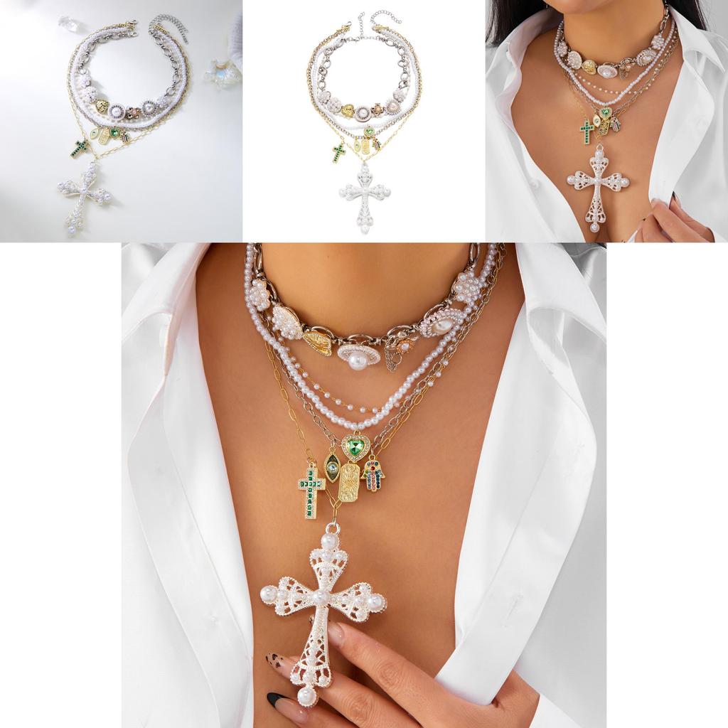 Style Layered Cross Pendant Necklace With Rhinestone Embellishments For Women