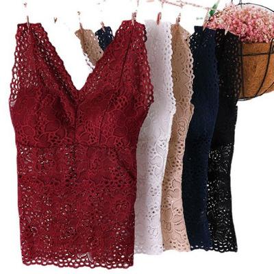 Tank Top V-neck Skeleton with Pads Spaghetti Straps All-Match Sexy Lace Long Bra Crochet Vest Inside Wear