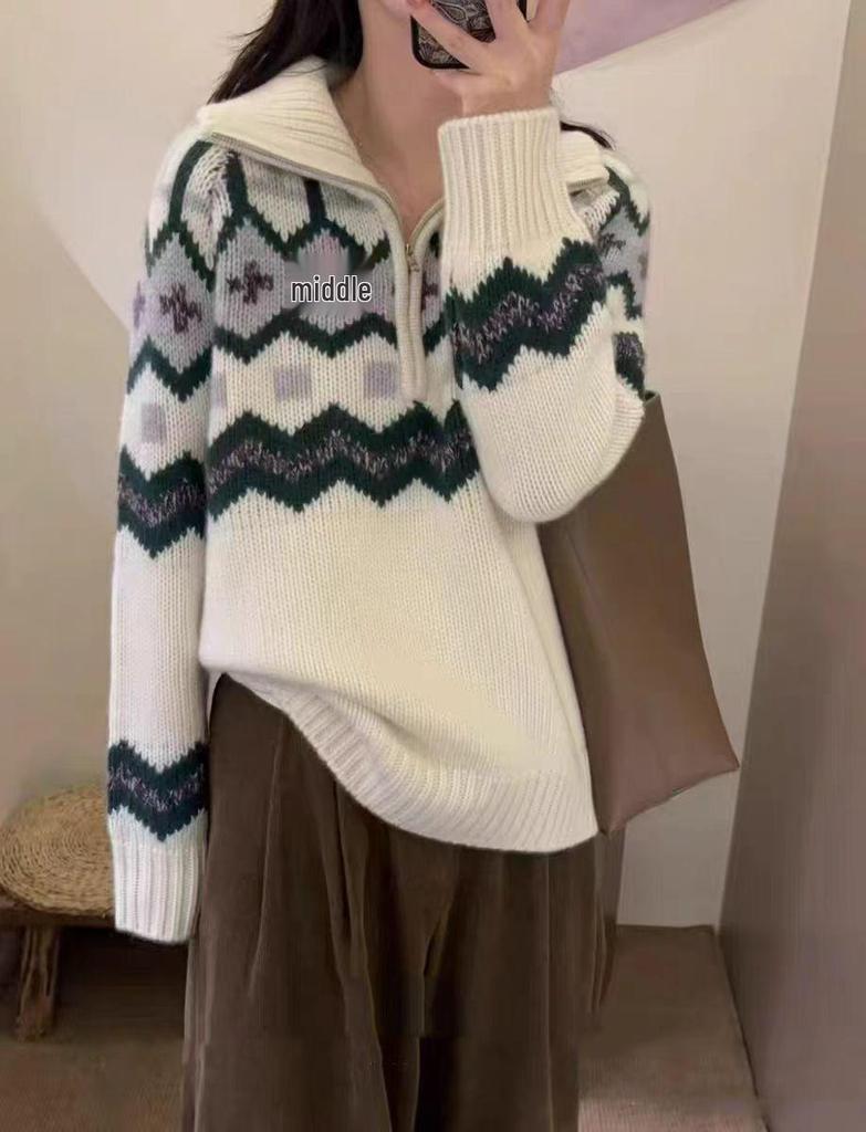 Women's Retro Fair Isle Wool Pullover - High Neck, Half Zip, Red, Thick for Autumn/Winter