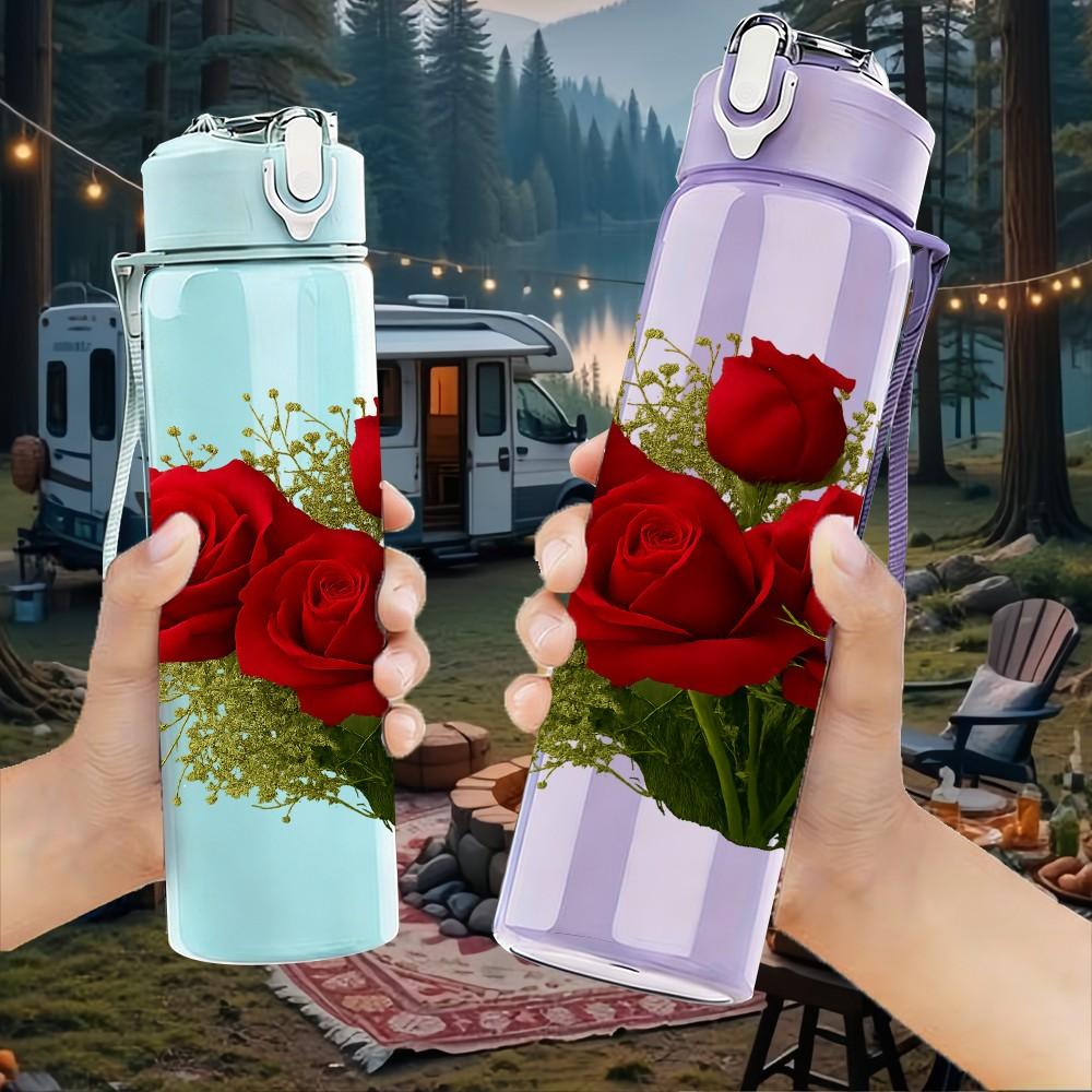 1PC Red Rose Bouquet Flower 750ml Color Plastic Sports Water Bottle Leakproof Flip Straw Lid Suitable for Sports Office Home Use