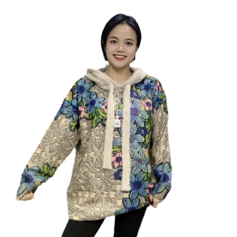2023 Hooded Mink Velvet Rhinestone Print Oversized Sweater - Stylish and Versatile Long Sleeve Knitwear