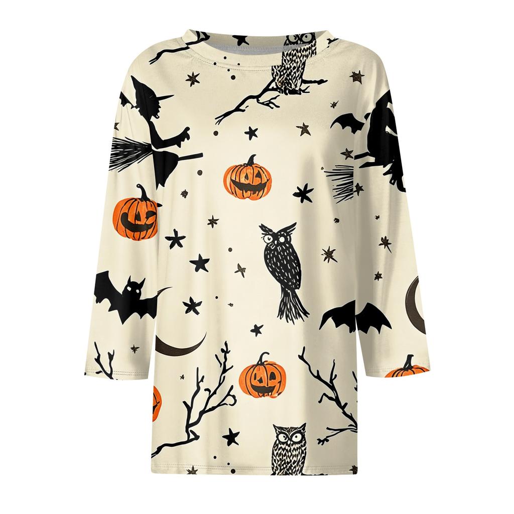 Women's Halloween Print 3/4 Sleeve Loose Fit Casual T-Shirt Round Neck Comfortable Top for Everyday Wear