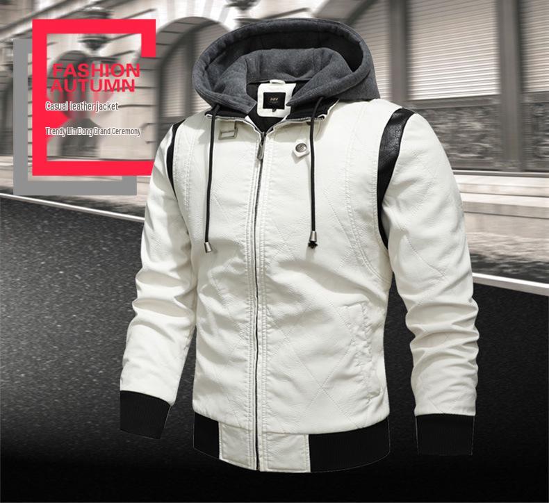 2021 Men's Fashion Hooded Embroidered Leather Motorcycle Jacket, Autumn/Winter Outerwear
