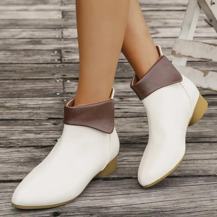 French Style Short Boots Autumn Winter New Soft Bottom Smooth Surface Bootie Slim Fit Chunky Heel Back Zipper PU Leather Boots