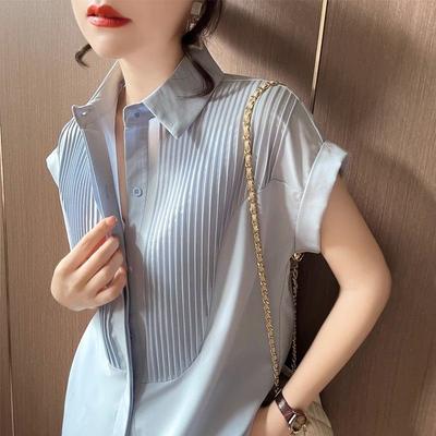 Camisa Plissada de Cor Sólida de Verão para o Trabalho de Botão Único Feminina Gola Reversível Coreana Solta Costurada Versátil Blusa