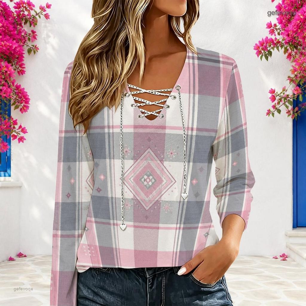 Women Plus Size V Neck Long Sleeve Abstract Printed Top Eyelet Chain Lace Up Detail