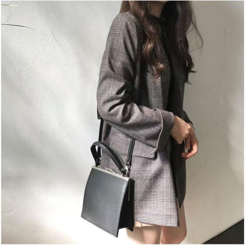 Szykowny Nowy Garnitur w Kratę Retro Prosty Wiosna Jesień Luźny Koreański Długi Rękaw Marynarka Garniturowa dla Kobiet