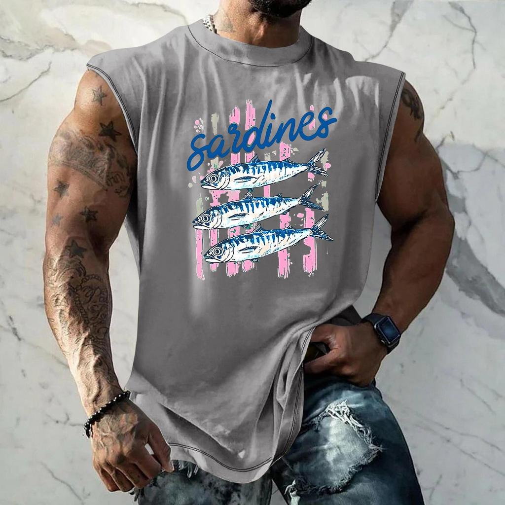 Pánské tílko s vtipným potiskem a retro texturou, volný střih, prodyšné, na letní sporty a streetwear, ležérní pro každodenní nošení